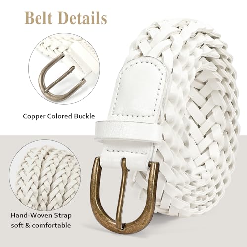 WHIPPY Women Braided Belt Skinny Casual Soft Faux Leather Woven Belt for Jeans Pants - color: E-white-copper Buckle, size: Fit Pant up to 41"
