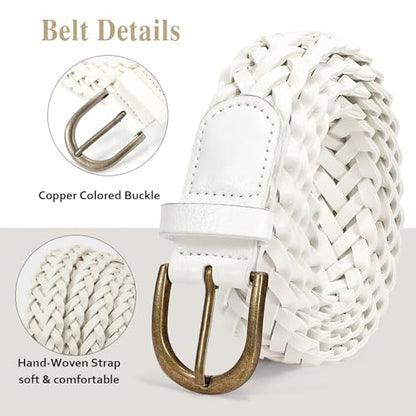 WHIPPY Women Braided Belt Skinny Casual Soft Faux Leather Woven Belt for Jeans Pants - color: E-white-copper Buckle, size: Fit Pant up to 41"