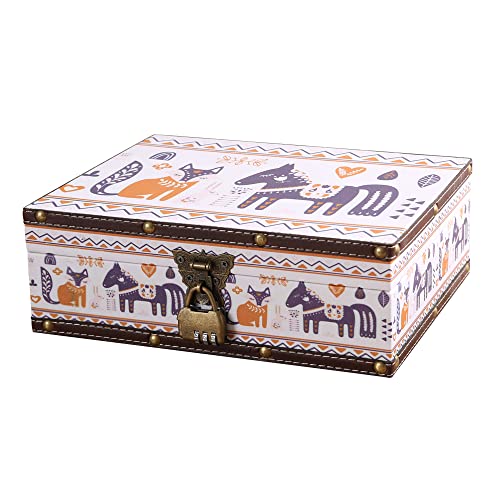 WANLIAN Wood and Leather Treasure Chest with Lid and Lock-Decorative Jewelry Keepsake Storage Box for Kids, Teenagers,for Birthday Wedding，Christmas Day (Fox&Horse, Extra Large)