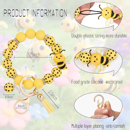 BAOSIWA Silicone Beaded Keychain Wristlet Key Ring Bracelet Cute Car Key Chain Holder for Women Girls - color: Bee