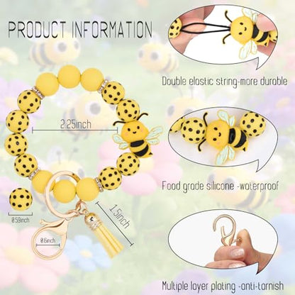 BAOSIWA Silicone Beaded Keychain Wristlet Key Ring Bracelet Cute Car Key Chain Holder for Women Girls - color: Bee