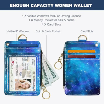 Slim Wallet Credit Card Holder, Blue Starry Sky, RFID Wallet Women Cute Small Front Pocket Wallet With Zipper, PU Leather Thin travel RFID Blocking Card Case ID Window,Ladies Gifts - color: Blue Starry Sky