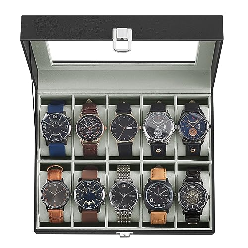 SONGMICS Watch Box, 10-Slot Watch Case Organizer with Large Glass Lid, Removable Pillows, Gift for Loved Ones, Black Synthetic Leather, Gray Lining UJWB010BK | Removable Pillows, Black PU Leather, Gray Lining, Gift for Loved Ones, BRIDIE Collection UJWB01