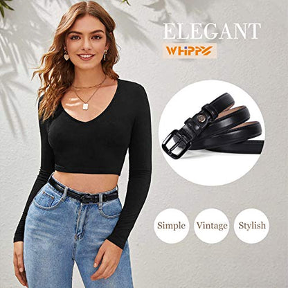 WHIPPY Women Skinny Leather Belt Thin Waist Jeans Belt for Pants in Pin Buckle Belt - color: Black, size: Suit Pants 42"-47"