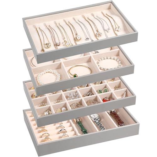 LANDICI 4-Piece Stackable PU Leather Jewelry Organizer Trays, Grey | Four stackable PU leather trays with flannel lining, ring rolls, necklace hooks and removable dividers for customized storage - color: Grey