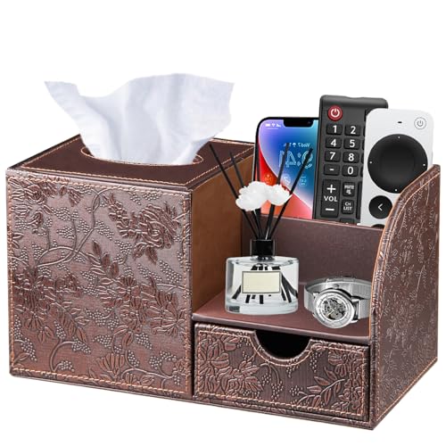 Nightstand Organizer with Tissue Holder,PU Leather Square Tissue Box Cover | Modern Facial Paper Organizer Storage Box for TV Remote Control,Bathroom,Vanity Countertop,End Table,Home and Office Decor - color: Retro