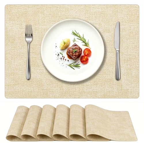 Newise Faux Leather Placemats Set of 6, Waterproof, 18''×12'', Beige | Heat Resistant Wipeable Table Mats, Dual-Sided Place Mats for Patry Kitchen Dinner - color: Beige