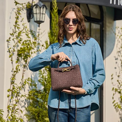 Woven Tote Bag for Women Leather Shoulder Handbag Designer Top Handle Purses - color: B-khaki