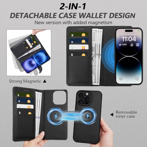 2 in 1 PU Leather for iPhone 15 Case, Detachable Wallet Case with Card Holder, Removable Flip Folio Cover with RFID Blocking, Stand Shockproof Phone Cover（Compatible with MagSafe） Black - color: Black, size: Iphone 15