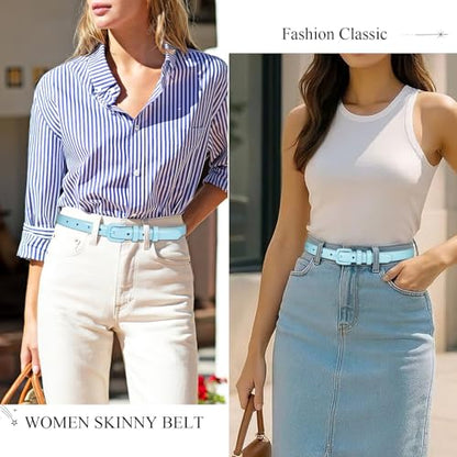 WHIPPY Women Skinny Leather Belt Thin Waist Jeans Belt for Pants in Pin Buckle Belt - color: Blue, size: Suit Pants 30"-36"