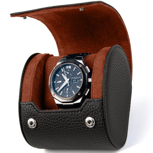 Single Watch Travel Case for Men – Leather Holder Box, Fits up to 55mm | Removable Cushion | Small Portable Watch Pouch | Gift Ready (Ink Black/Saddle Tan) - color: Ink Black / Saddle Tan