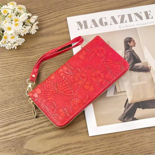RFID Wallets for Women Wristlet Vegan Leather Long Purse Floral Zip Around Clutch Large Capacity Card Holder - color: Red