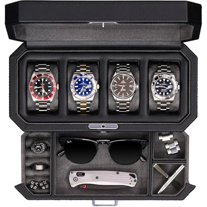 ROTHWELL 4 Slot Leather Watch Box with Valet Drawer - Luxury Case Display Jewelry Organizer, Locking Display Case Holder with Real Glass Top - Watch Box Organizer for Men & Women (Grey) - color: Black / Grey