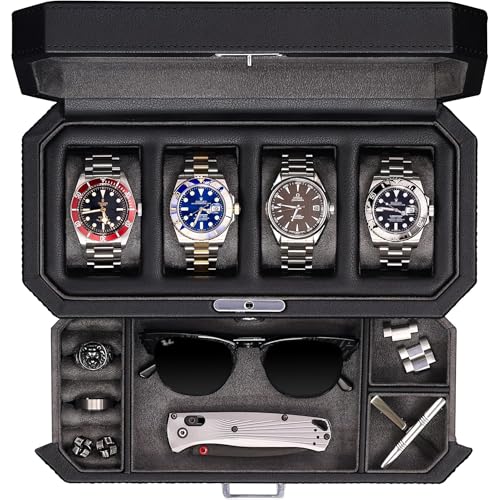 ROTHWELL 4 Slot Leather Watch Box with Valet Drawer - Luxury Case Display Jewelry Organizer, Locking Display Case Holder with Real Glass Top - Watch Box Organizer for Men & Women (Grey) - color: Black / Grey