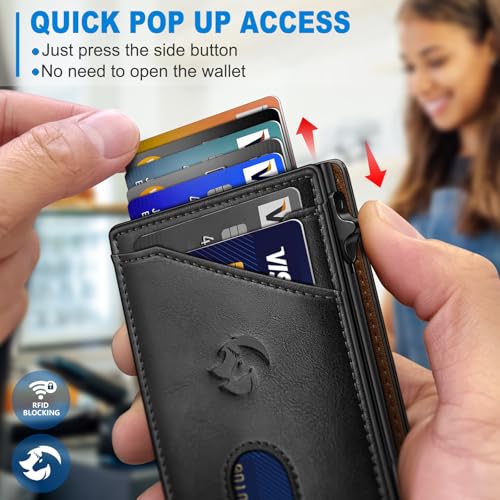 Wallet for Men, Slim Pop Up Card Holder with RFID Blocking, Minimalist Bifold Wallet with 9 Card Slots, ID Window and Cash Pocket, Metal Flip Case with Magnetic Closure, Gift Box - color: Black / Coffee Brown168