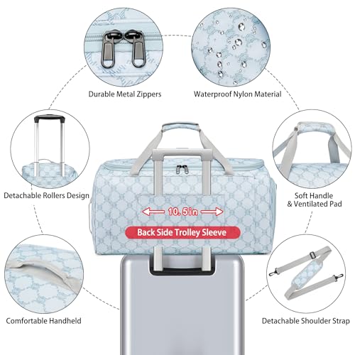 Rolling Garment Bag for Travel, 50L Duffle Bag with Shoe Compartment, 4pcs | 4-in-1 Carry on Convertible Duffel with Wheels, Detachable Trolley, Wrinkle-Free Storage for Trips, Weddings and Overnights - color: Blue