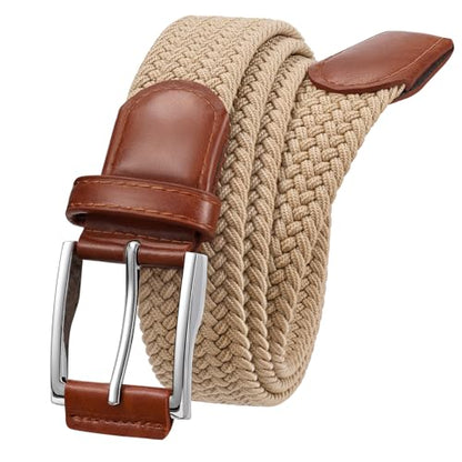 XZQTIVE Braided Stretch Belt Mens Gift Elastic Woven Belt for Golf Casual Pants Shirts Jeans - color: Khaki With Brown Leather, size: Fit Waist 33-38in