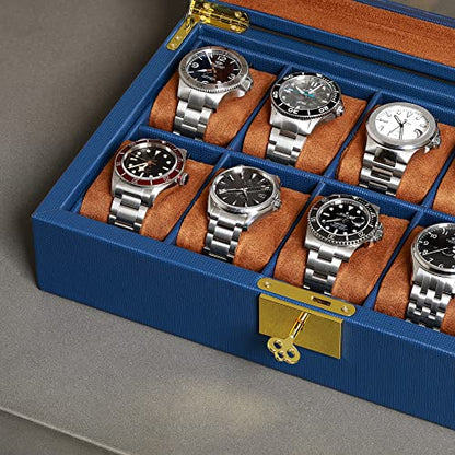 ROTHWELL 10 Slot Leather Watch Box - Luxury Case Display Jewelry Organizer - Locking Watch Display Case Holder with Large Glass Top - Box Organizer for Men and Women (Blue/Tan) - color: Blue / Tan