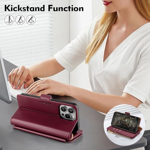 Antsturdy for iPhone 15 Pro Phone Wallet Case Women,Wine Red | RFID Blocking,with Credit Card Holder Slots,PU Leather Purse,Zipper Pocket,Wrist Strap Kickstand,Flip Folio Cover for Men - color: Wine Red