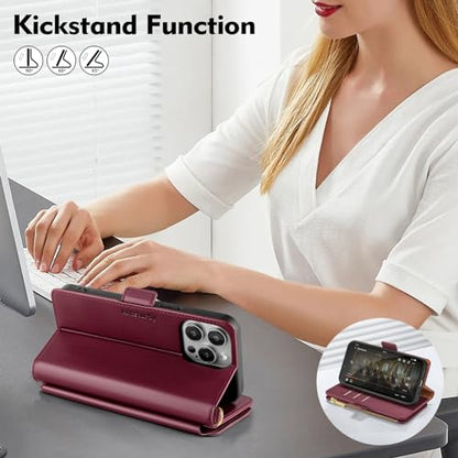 Antsturdy for iPhone 15 Pro Phone Wallet Case Women,Wine Red | RFID Blocking,with Credit Card Holder Slots,PU Leather Purse,Zipper Pocket,Wrist Strap Kickstand,Flip Folio Cover for Men - color: Wine Red