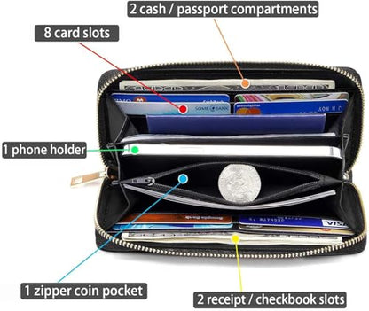 Women's Large Capacity Wallet PU Leather Zip Around Clutch Purse Multifunctional Wallet with Removable Wristlet Strap for Smart Phone/Coin/Card/Cash, Cartoon Cat Under The Moon - color: Cartoon Cat Under The Moon, size: One Zippers