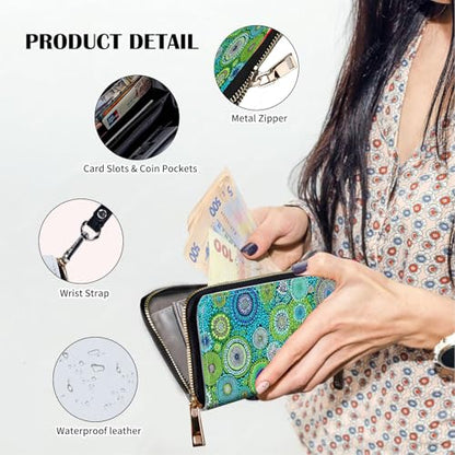 Wristlet Wallets for Women,Large Capacity RFID Blocking Leather Zip Around Travel Wallet Phone Purse Clutch Bag - color: Green Mandala Flowers