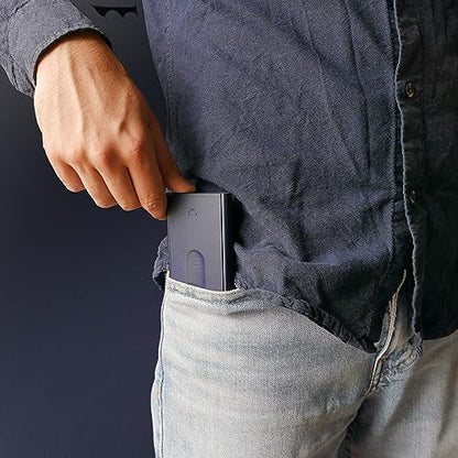 Automatic Aluminum Card Holder, RFID Protection. Model: SLIDER | Instant pop-up card access. Find the right card in seconds. Holds up to 6 cards. Ultra-slim design. - color: Matt Paint Navy Blue, size: One Size