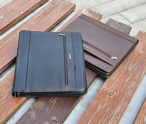 14" Laptop Briefcase, Vegan Leather Portfolio with Zipper Compartments x 2, A4 Papers Holder Padfolio Organizer - color: Black
