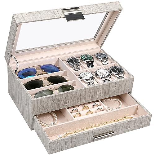LANDICI 2-Layer PU Leather Watch and Jewelry Box, Woodgrain Grey | Six watch slots, glass lid and lower drawer organize watches, sunglasses, rings, bracelets, cufflinks and necklaces - color: Silver Grey & Apricot