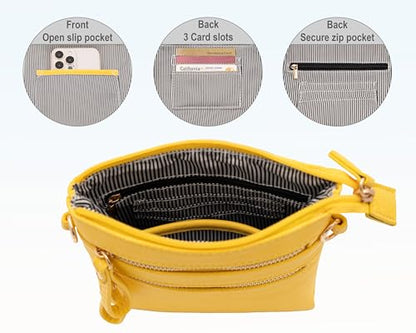 Small Crossbody Bag for Women, Multi Zip Pockets with Detachable Wristlet, Lightweight Travel Purse, Cell Phone Pouch - color: Yellow