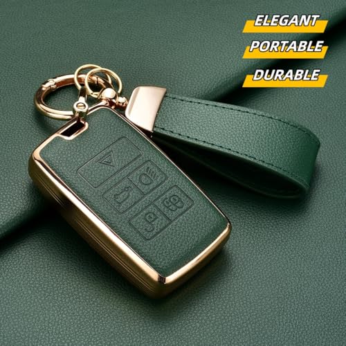Key Fob Cover for Range Rover Jaguar Evoque Defender Discovery | Leather + Soft TPU Key Case Shell for Land Rover Jaguar XE XJ XF Sport Velar Evoque With Keychain (Green) - color: GREEN