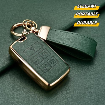 Key Fob Cover for Range Rover Jaguar Evoque Defender Discovery | Leather + Soft TPU Key Case Shell for Land Rover Jaguar XE XJ XF Sport Velar Evoque With Keychain (Green) - color: GREEN