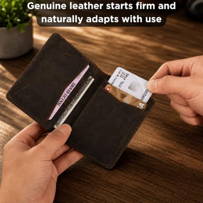 Mens Slim Minimalist Leather Wallet, Thin Bifold Credit Card Wallet for Men - color: Dark Brown