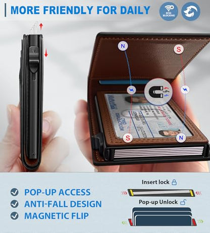 Wallet for Men, Slim Pop Up Card Holder with RFID Blocking, Minimalist Bifold Wallet with 9 Card Slots, ID Window and Cash Pocket, Metal Flip Case with Magnetic Closure, Gift Box - color: Black / Coffee Brown168