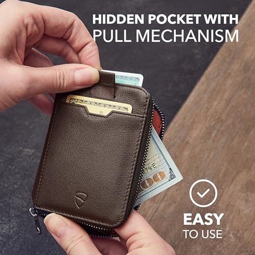 Vaultskin NOTTING HILL Slim Italian Leather Zip Around Wallet, RFID | Minimalist thin card holder for men and women, small coin purse, keychain D-ring, RFID blocking, 10 cards, cash, gift box - color: Brown
