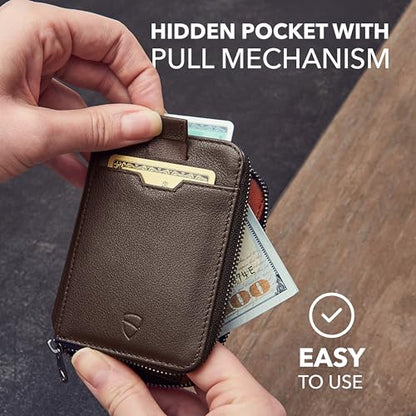 Vaultskin NOTTING HILL Slim Italian Leather Zip Around Wallet, RFID | Minimalist thin card holder for men and women, small coin purse, keychain D-ring, RFID blocking, 10 cards, cash, gift box - color: Brown