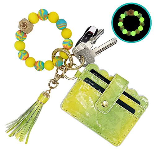 Keychain Wallet Wristlet Small Credit Card Holder Bracelet Key Chain Purse Bangle Tassel Beads Key Rings for Women - color: 01-lemon Noctilucent