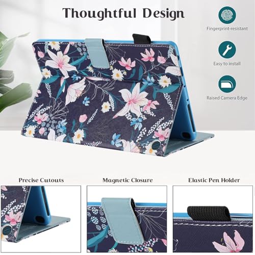Case for Kindle Fire HD 10 & Fire HD 10 Plus 13th/11th Generation 2023 2021 | Synthetic Leather Flip Folio Stand Cover with Auto Wake/Sleep for Kindle Fire HD 10 & Fire HD 10 Plus, Navy Blue Lily - color: A3 Navy Blue Lily