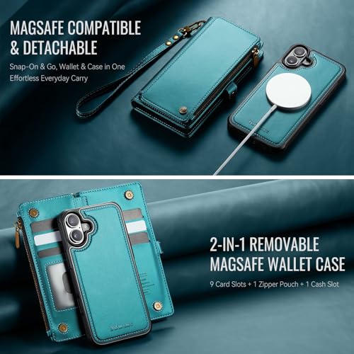 Defencase for iPhone 16 Phone Case Wallet Compatible with Magsafe, Green | Magnetic Detachable, Drop-Proof Protective Wallet Cases Cover, with RFID Bolcking Card Holder, Zipper Strap, Soft PU Leather - color: (Detachable with Magsafe)-Blue Green