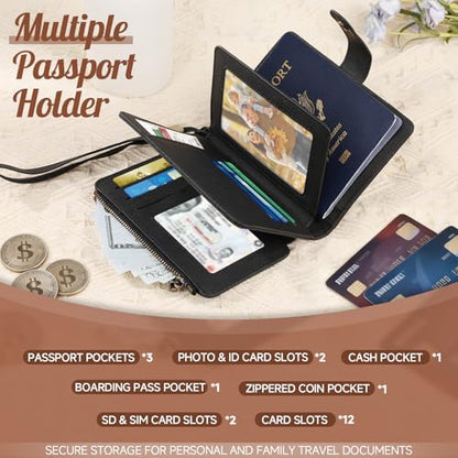 Likesing RFID Blocking Passport Holder, Leather Travel Wallet Womens(Grey) | RFID Passport Wallet with 13 Card Holders ＆ 2 SIM Slots, Passport Book Cover Photo ＆ Zippered Coins Pocket and Cash Holder - color: Grey