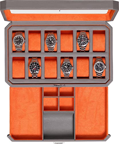 ROTHWELL 12 Slot Leather Watch Box with Valet Drawer - 12 Slot Luxury Watch Case Display Organizer, Microsuede Liner, Mens Accessories Holder, Jewelry Case, Jewelry Display Organizer (Grey/Orange) - color: Grey/Orange