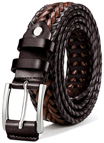 BULLIANT Mens Leather Braided Woven Golf Belts Holeless 1 3/8"-Gift Boxed | Holeless Understated Elegance| Breathable & Lightweight | From Golf to Casual & Jeans - color: Deep Brown/Light Brown1486, size: 30"-34"Waist Adjustable