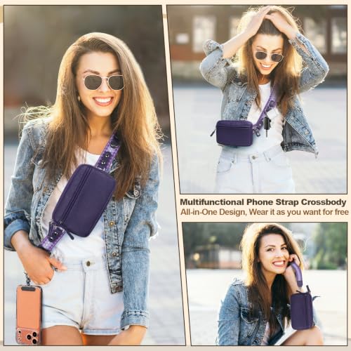 YFWE Clip and Go Phone Strap with Crossbody Wallet, Adjustable Phone Lanyard with Detachable RFID Wristlet Wallet, Anti-Theft Leather Purse with ID Window for Travel Essentials (Dark Purple) - color: Dark Purple