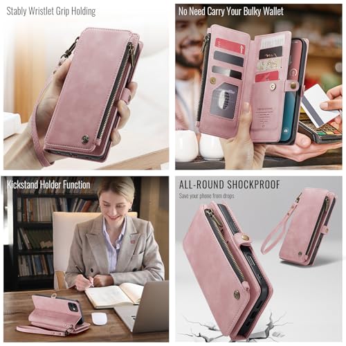 Defencase for iPhone 11 Wallet Case with RFID Blocking Card Holder, Pink | Durable Soft PU Leather, with Zipper Pocket, Wrist Strap, Fashion Snap Flip Phone Cases Cover with Stand for Women and Men - color: Rose Pink