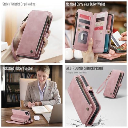 Defencase for iPhone 11 Wallet Case with RFID Blocking Card Holder, Pink | Durable Soft PU Leather, with Zipper Pocket, Wrist Strap, Fashion Snap Flip Phone Cases Cover with Stand for Women and Men - color: Rose Pink