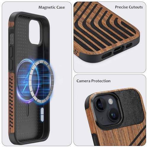 Magnetic Case Compatible with iPhone 15 Case [Compatible with MagSafe] Wood and Leather Carbon Fiber Design Hybrid Shockproof Phone Case 6.1" (Wood and Leather) - color: Wood Leather, size: iPhone 15