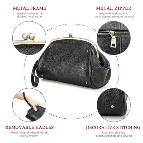 CONTACTS Full Grain Leather Kiss Lock Clutch Purse for Women Evening Clutch Bag Kiss Clasp Handbag - color: Black