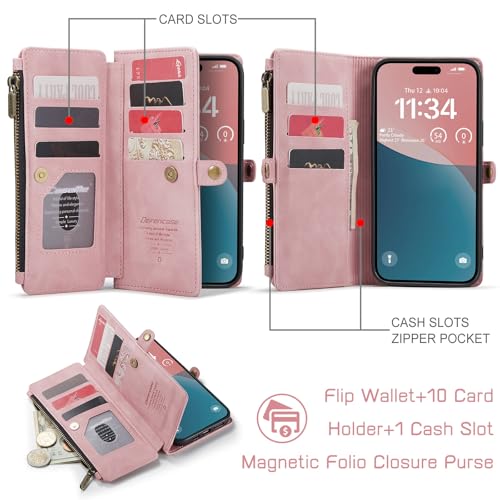 Defencase for iPhone 11 Wallet Case with RFID Blocking Card Holder, Pink | Durable Soft PU Leather, with Zipper Pocket, Wrist Strap, Fashion Snap Flip Phone Cases Cover with Stand for Women and Men - color: Rose Pink