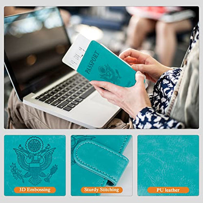TIGARI Passport Holder for Travel Women Men, PU Leather Waterproof RFID Wallet Cover Case Sleeve, Valentines Day Gifts, Vacation Plane Cruise Travel Document Organizer Essentials - color: B-Teal, style: Upgraded