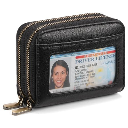 SENDEFN Leather Credit Card Holder Small Wristlet Woman Wallets RFID Blocking Double Zipper with ID Window - color: 1-Black